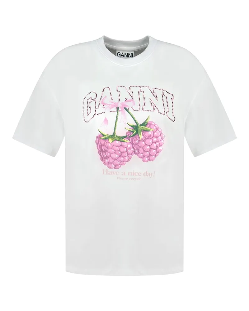 Ganni Women's Raspberry T-Shirt -  Cotton White Concept-Store Ready-To-Wear White
