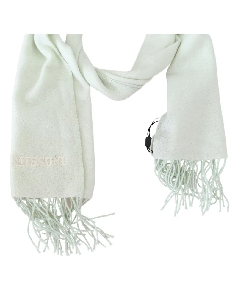 Missoni Men's Light Green Pattern Cashmere Unisex Wrap Fringes Scarf White
