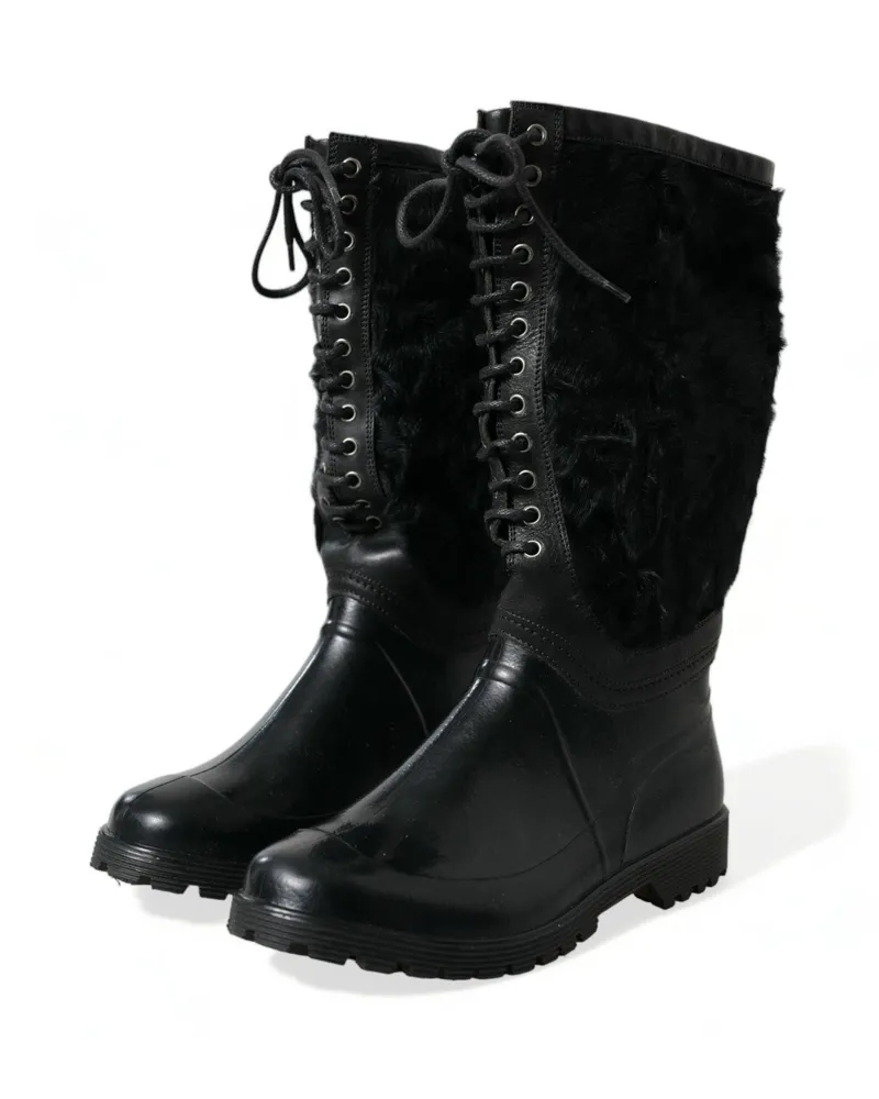 Dolce & Gabbana Men's Black Rubber Lace Up Shearling Rain Boots Shoes Black