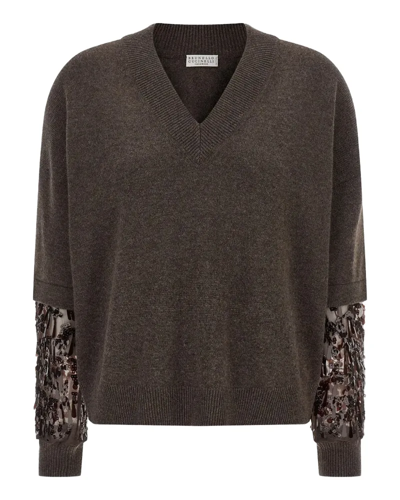 Brunello Cucinelli Embellished Cashmere Sweater — Brown Brown