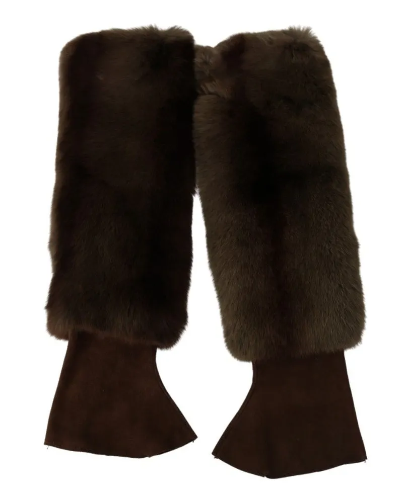 Dolce & Gabbana Women Brown Elbow Length Finger Less Fur Gloves And Leather Brown