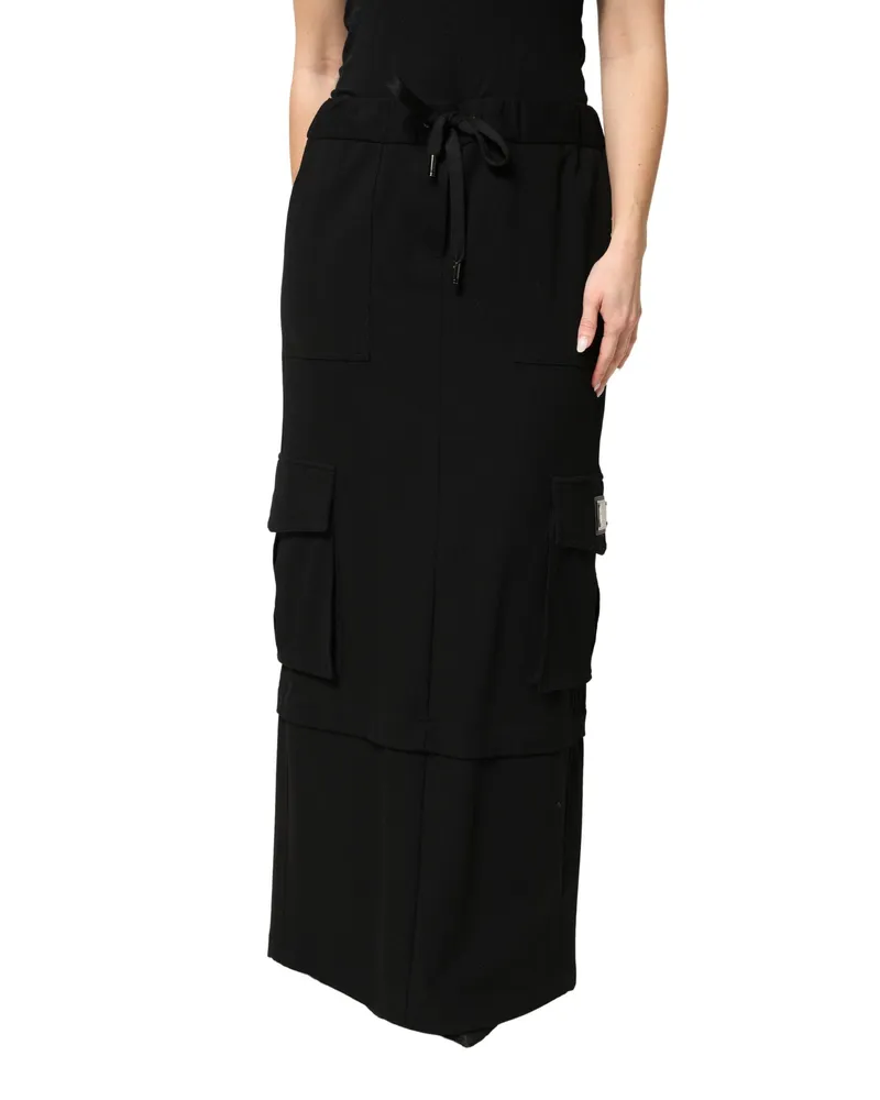 Dolce & Gabbana Women Black Cotton Drawstring Long Maxi Cargo Skirt Elastane Black