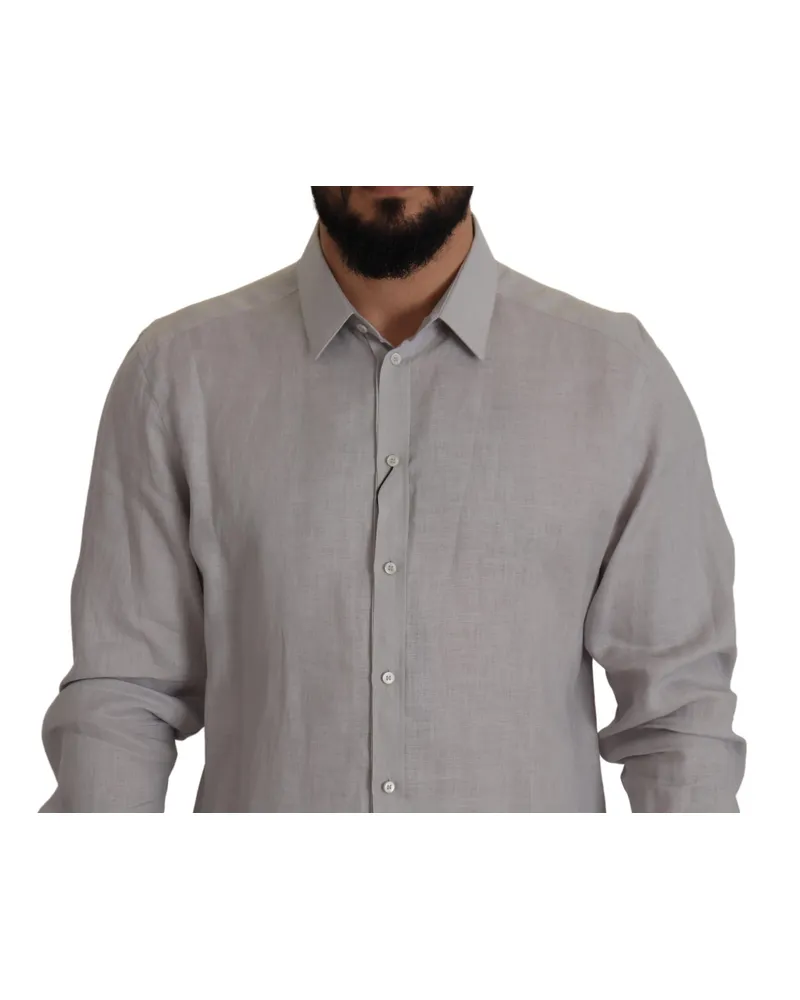 Dolce & Gabbana Men's Gray Linen Long Sleeves Formal Gold Shirt Gray