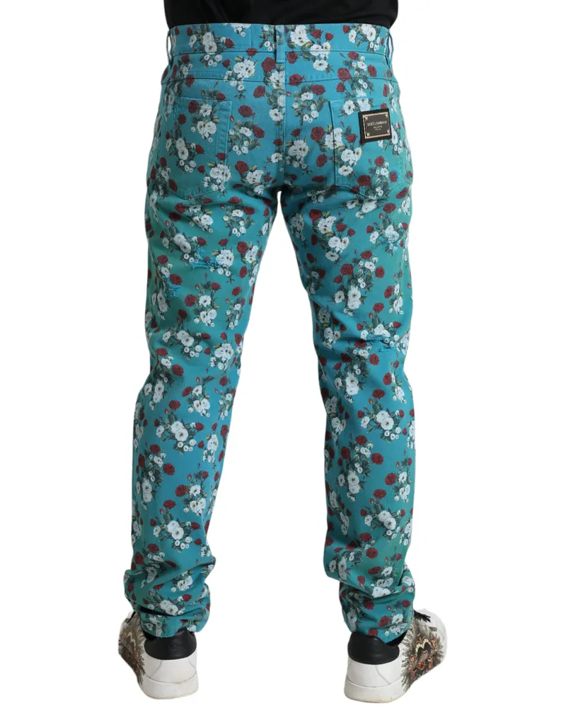 Dolce & Gabbana Men's Blue Floral Print Skinny Cotton Denim Pants Blue