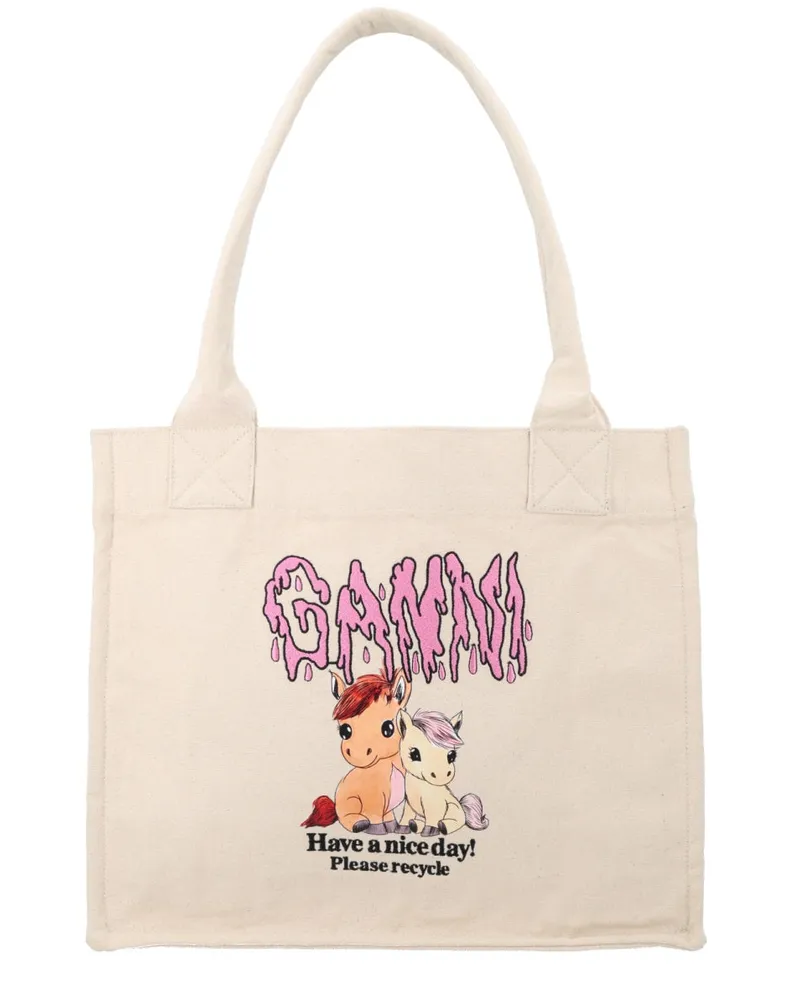 Ganni Women's Tote Bag With Print White Recycled Cotton Handbags Hand White