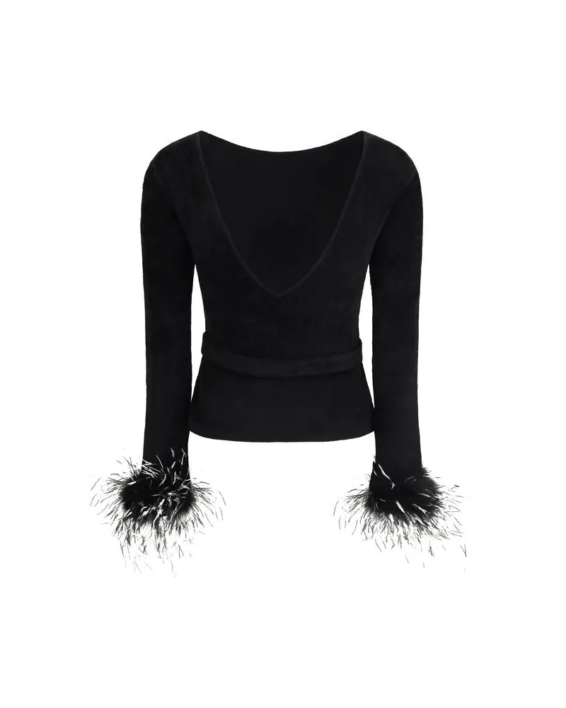 Self-Portrait Feather-Trimmed Chenille Knit Blouse — Black Black