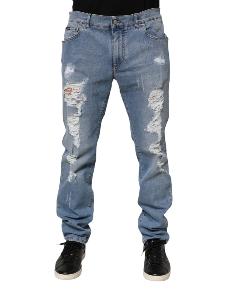 Dolce & Gabbana Men's Blue Tattered Slim Fit Cotton Denim Jeans Elastane Clothing Blue