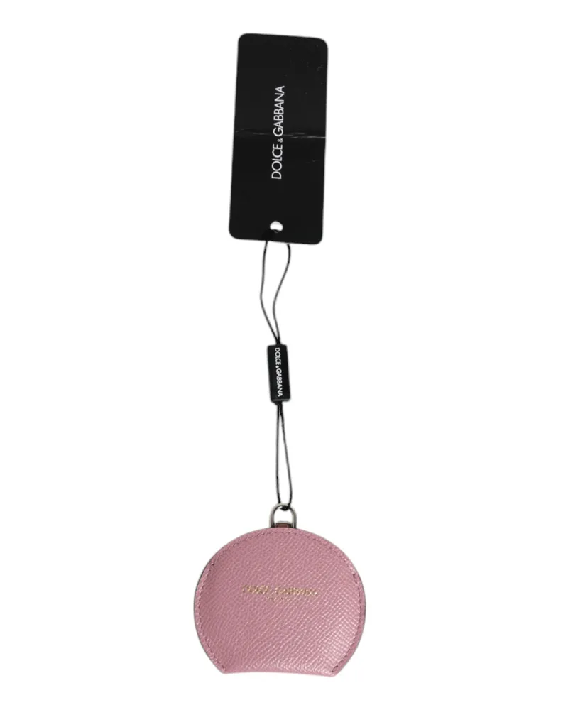 Dolce & Gabbana Women's Pink Calfskin Leather Round Logo Hand Mirror Holder Accessory Pink