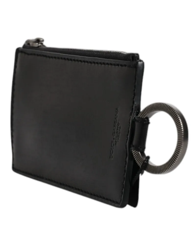 Dolce & Gabbana Men's Black Horse Leather Lanyard Logo Card Holder Wallet Black