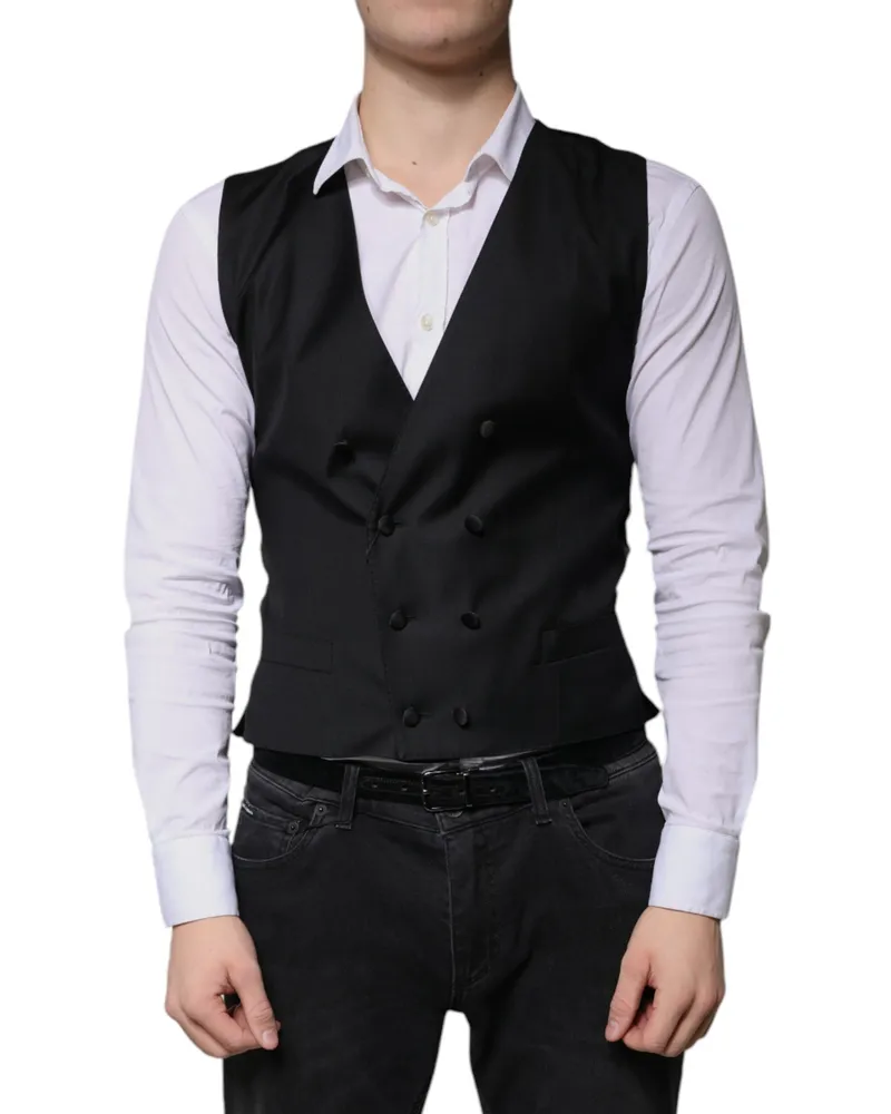 Dolce & Gabbana Black Wool Formal Dress Men Waistcoat Vest Virgin Silk Polyester Black