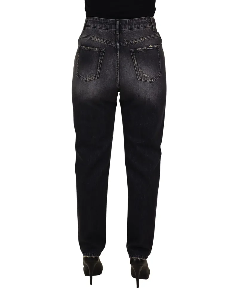 Dolce & Gabbana Women Black Washed Tattered High Waist Denim Jeans Cotton Clothing Black