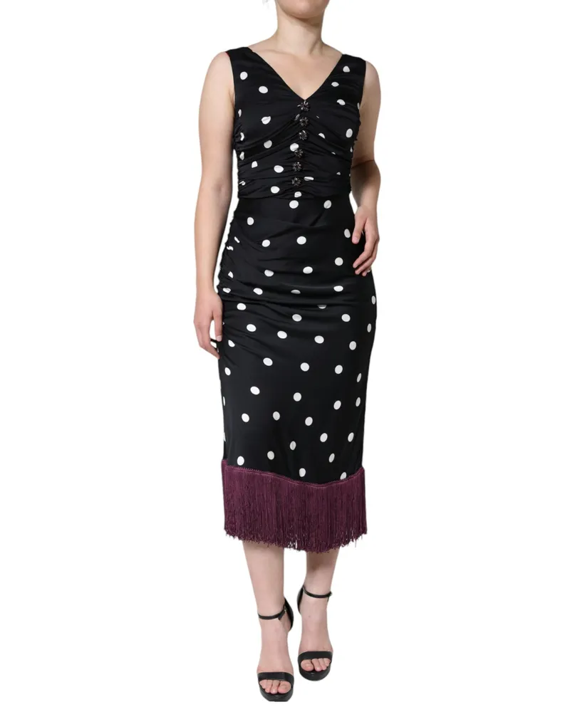 Dolce & Gabbana Women's Black Silk Polka Dot Vneck Tassel Midi Dress Elastane Black