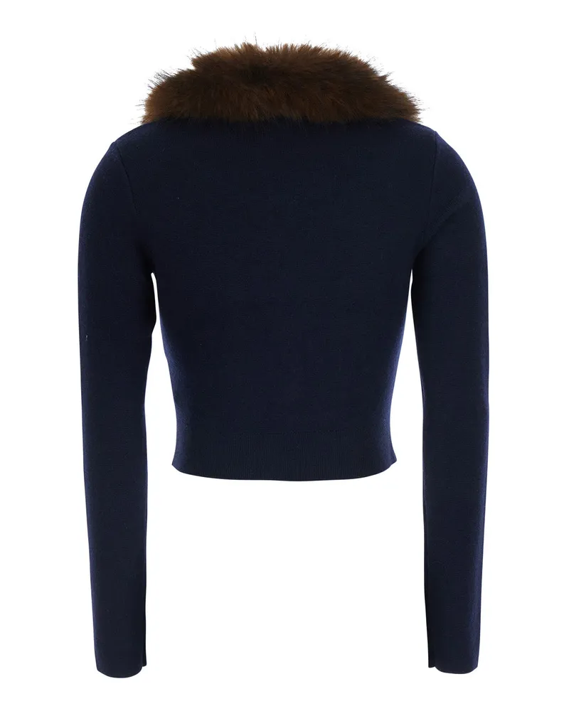 Self-Portrait Synthetic Fur Trim Cardigan — Navy Navy