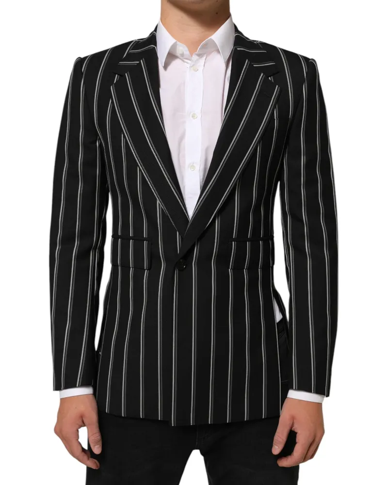 Dolce & Gabbana Men Black Stripes Sicilia 1 Button Suit Blazer Black