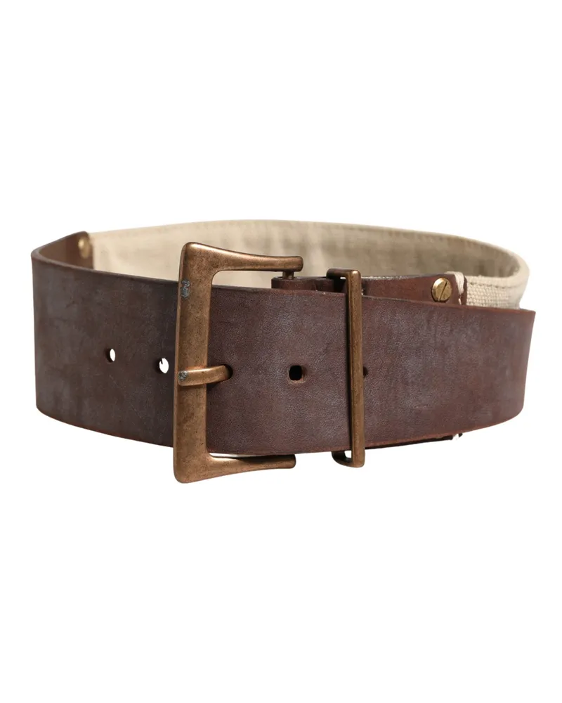 Ermanno Scervino Women's Beige Brown Leather Canvas Metal Buckle Belt Brown