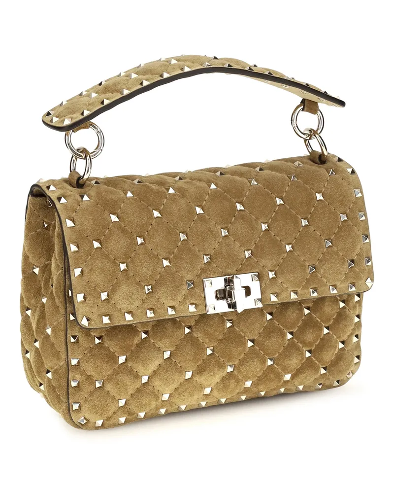 Valentino Garavani Women's Top Handle Bag Rockstud Spike Havana Beige Suede Calf Leather Shoulder Beige