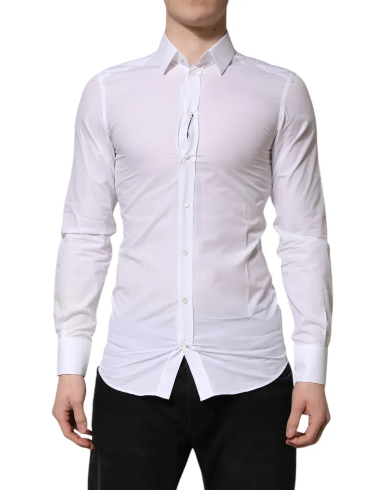 Dolce & Gabbana White Gold Long Sleeves Dress Men Formal Shirt Cotton White