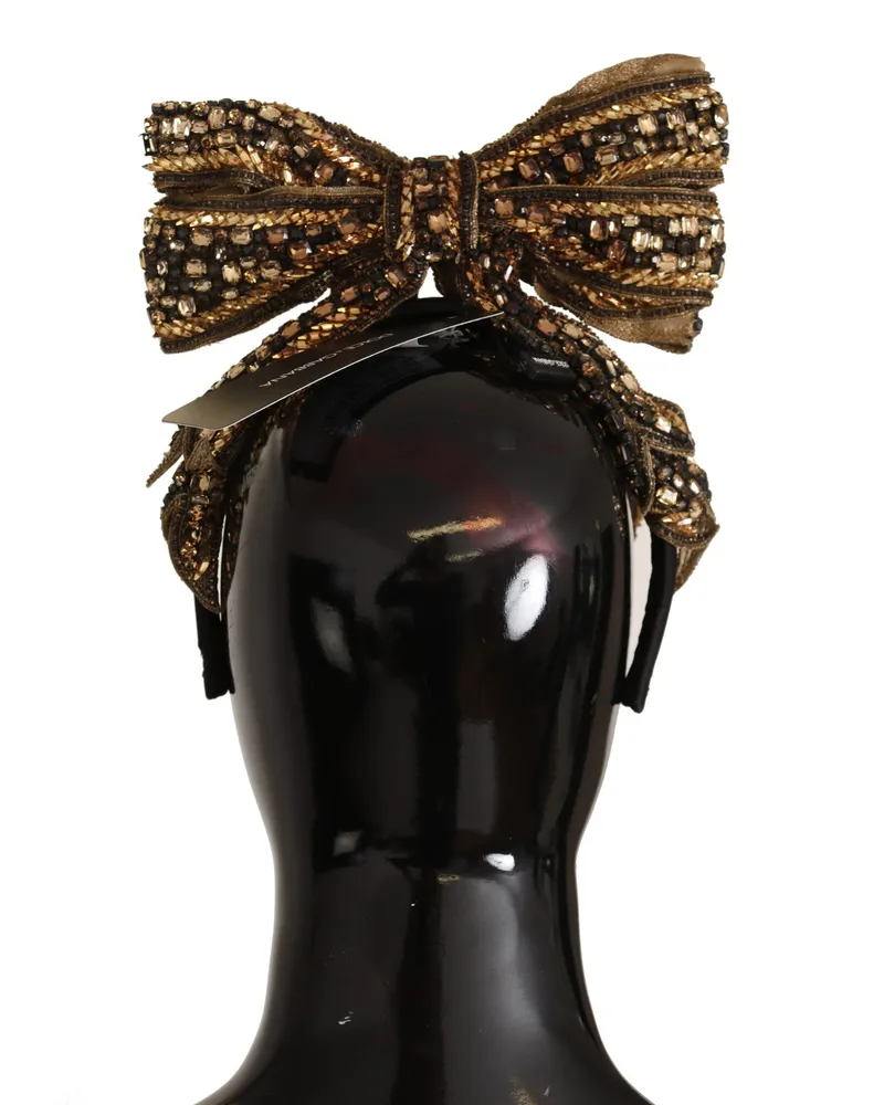 Dolce & Gabbana Women's Gold Crystal Beaded Sequined Silk Bow Headband Diadem Acetate Accessory Gold