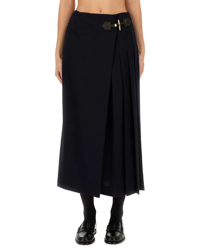 Moschino Toggle-Detail Wool Midi Skirt — Blue Blue