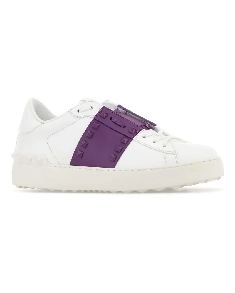 Valentino Garavani Women's White Leather Rockstud Untitled Sneakers With Purple Band Biancoviolabianco White