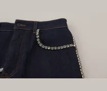 Women's Blue Denim Stretch Crystal Hot Pants Shorts Cotton