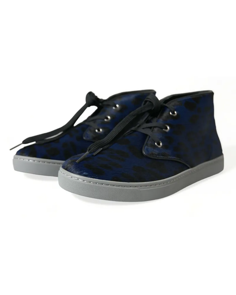 Dolce & Gabbana Men's Blue Calfskin Leopard Mid Top Sneakers Shoes Calf Leather Hair Blue