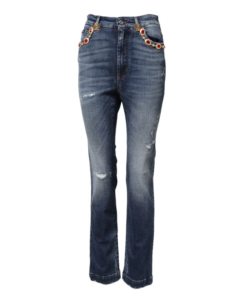 Dolce & Gabbana Women Blue Rhinestone Embellished Denim Jeans Cotton Elastane Clothing Blue