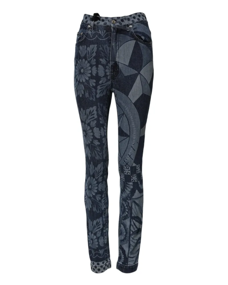 Dolce & Gabbana Women Blue Graphic Print Cotton Skinny Denim Jeans Elastane Clothing Blue