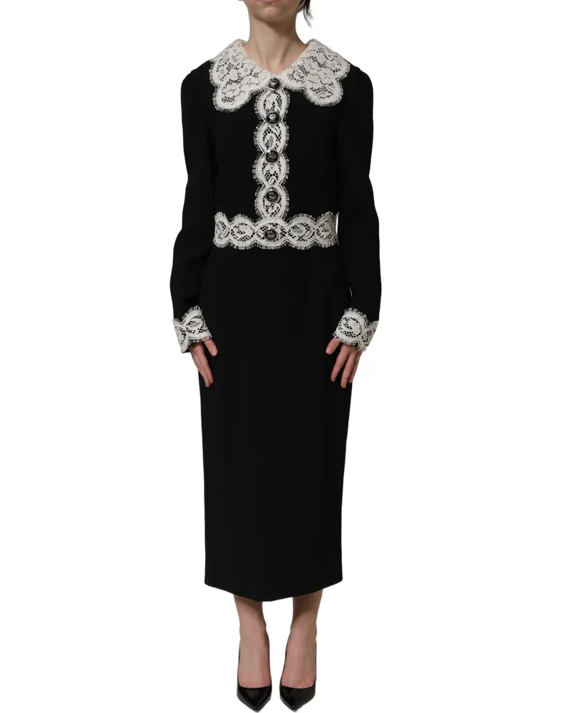 Dolce & Gabbana Women's Black Lace Detailing Long Sleeves Midi Dress Black