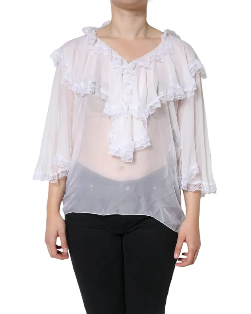 Dolce & Gabbana Women's White Ruffles Lace Long Sleeve Blouse Top Silk Nylon Viscose White