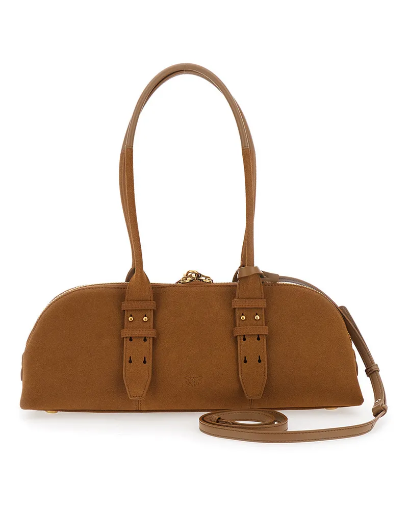 Pinko Women's Shoulder Bag Bowling Horizontal Brown Suede Leather Brown