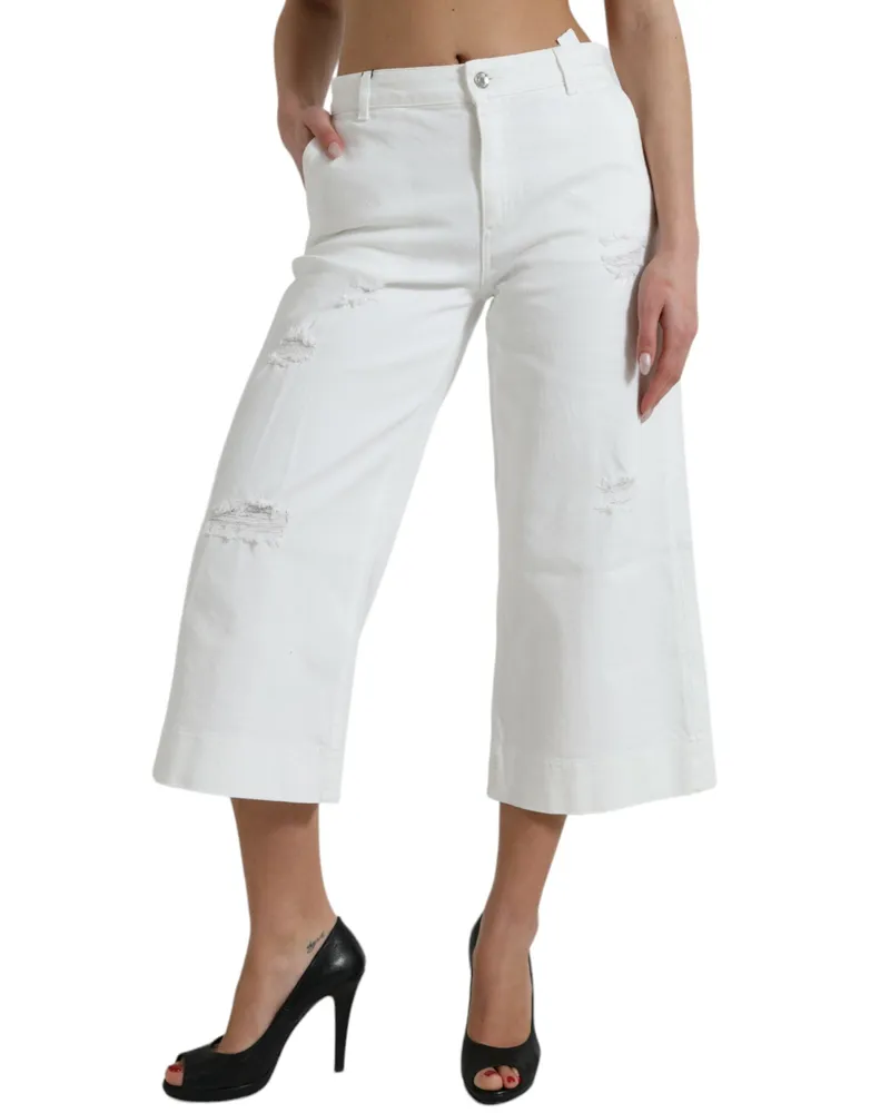 Dolce & Gabbana Women's White Cotton Cropped Wide Leg Denim Jeans Elastane Clothing White