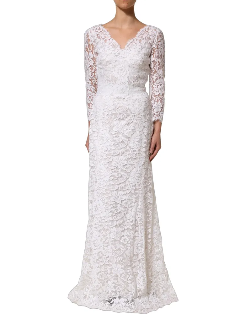 Dolce & Gabbana Women's White Cotton Floral Lace Long Gown Dress Nylon Viscose White