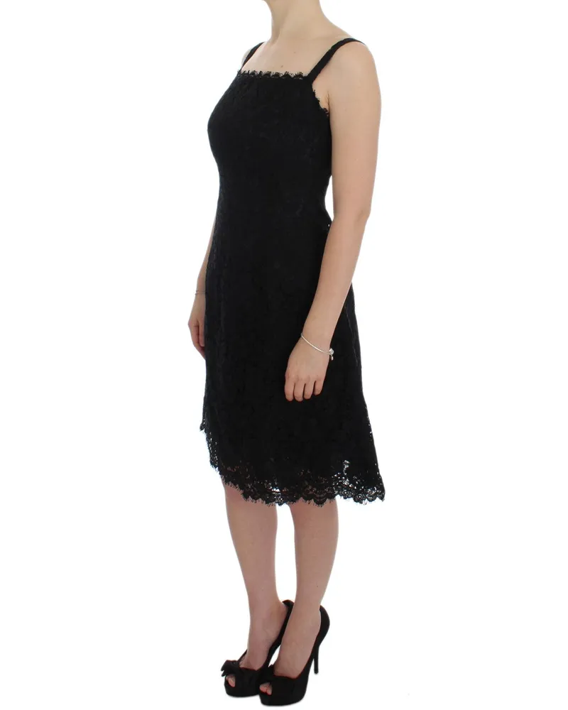 Dolce & Gabbana Women Black Floral Lace Shift Knee Length Dress Cotton Black