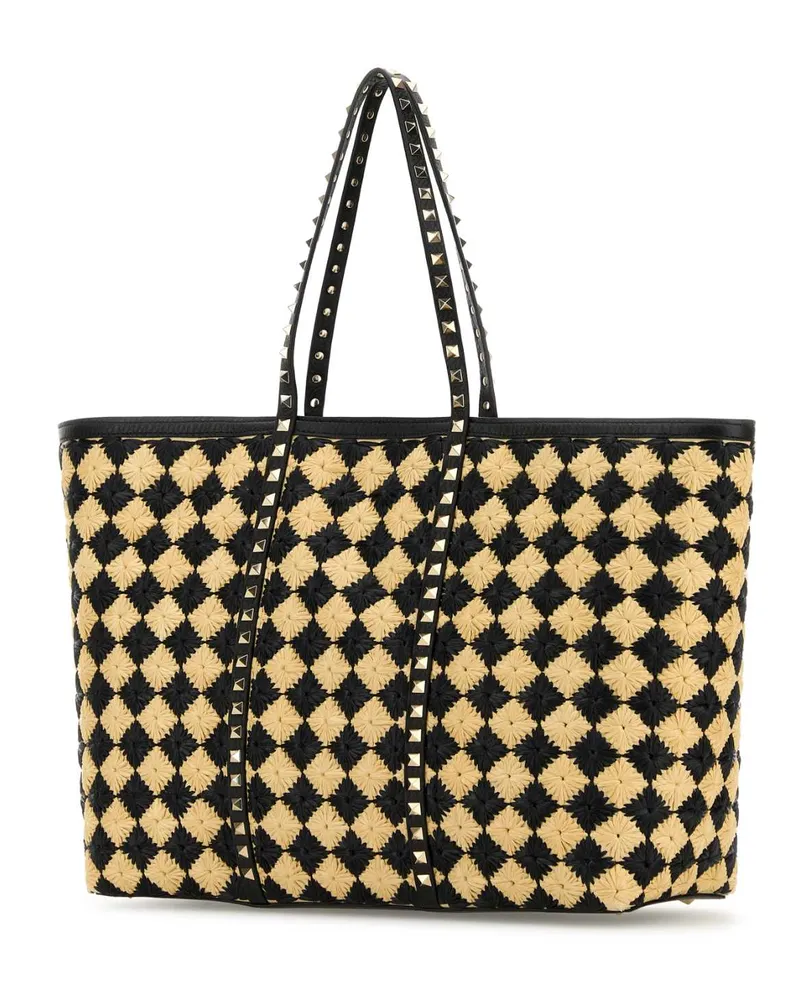 Valentino Garavani Women's Embroidered Raffia Rockstud Shopping Bag Naturalenero Borse A Mano Beige