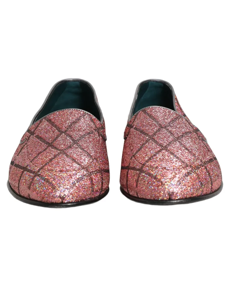 Dolce & Gabbana Men's Pink Check Glitter Lurex Logo Loafers Shoes Leather Pink