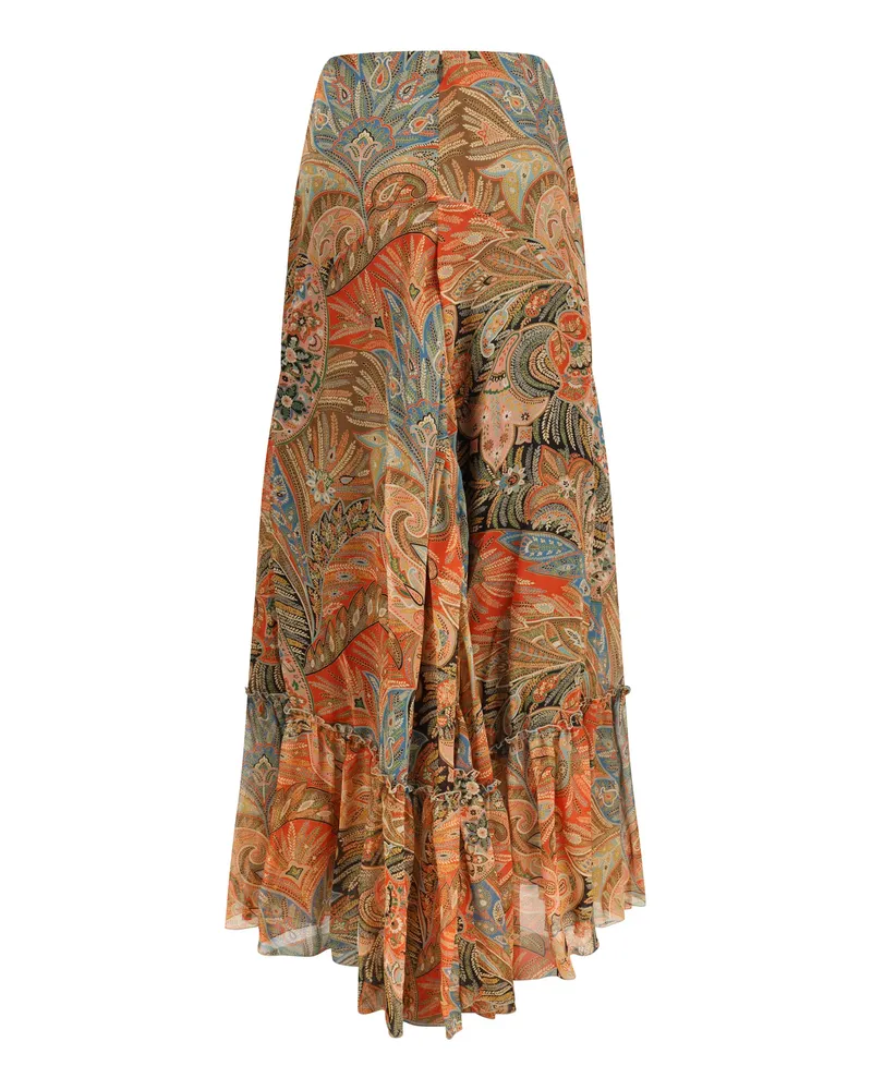 Etro Women's Silk Long Skirt With Flounce And Paisley Motif X0860 Orange