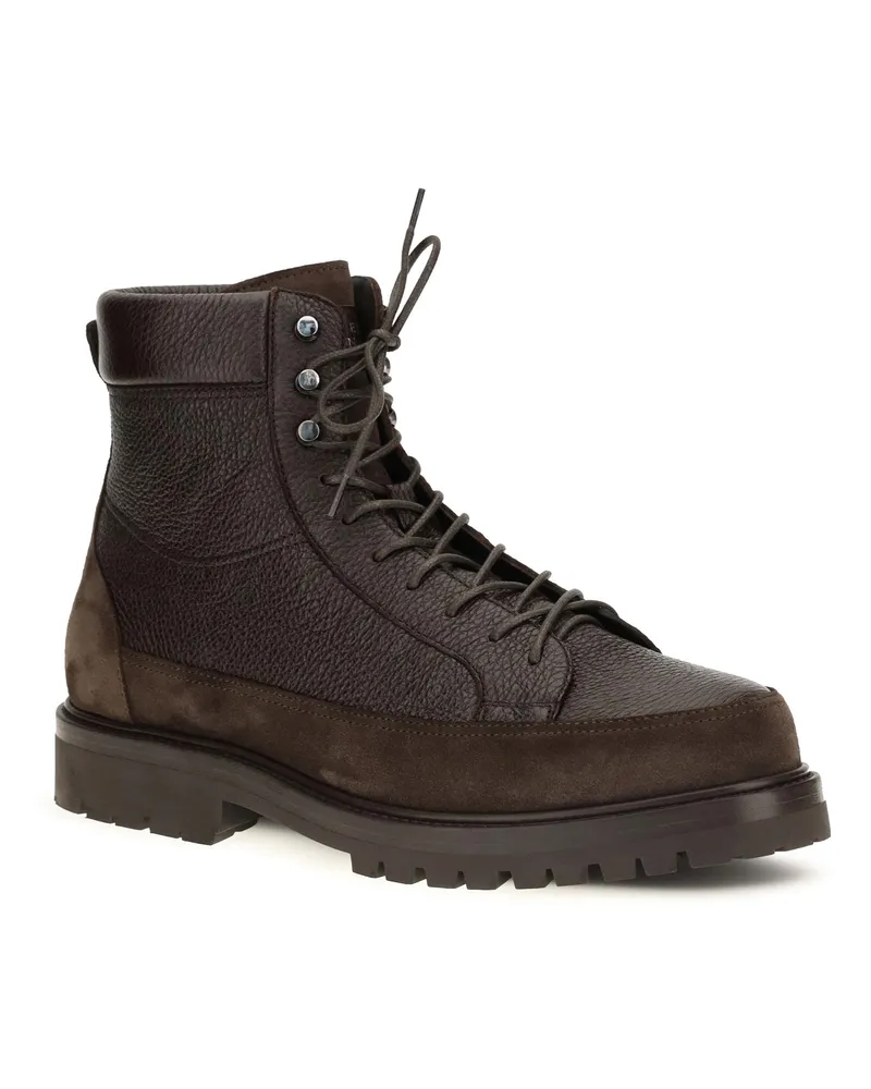 Brunello Cucinelli Men's Lace-Up Deer Leather And Suede Ankle Boots Dark Brown Brown