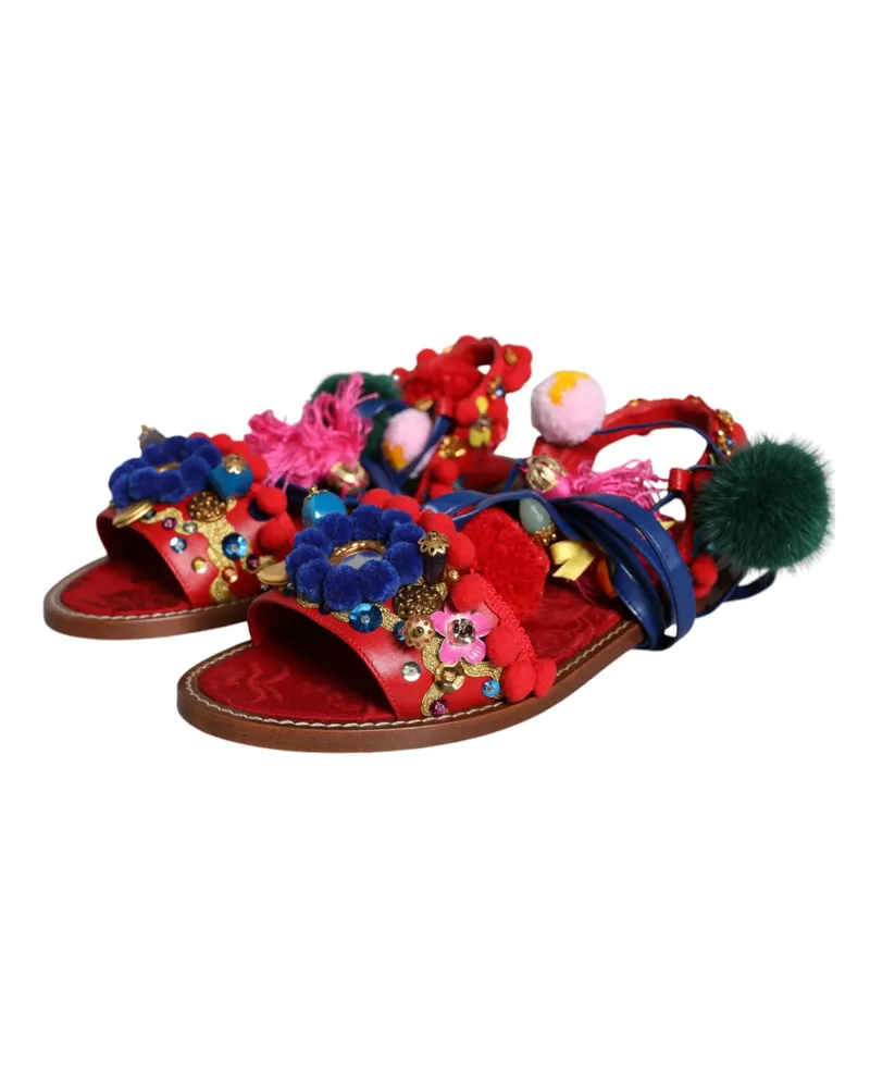Dolce & Gabbana Women's Multicolor Pom Fur Wrap Sandals Shoes Multicolor