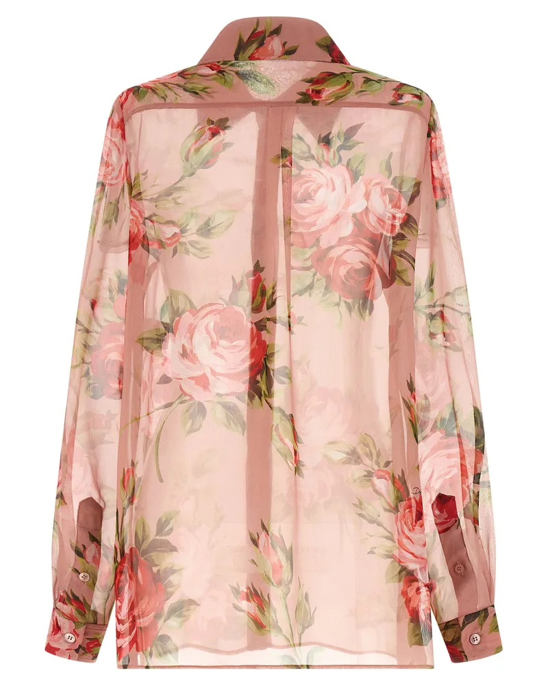 Dolce & Gabbana Bouquet Rose Print Silk Chiffon Blouse — Pink Pink