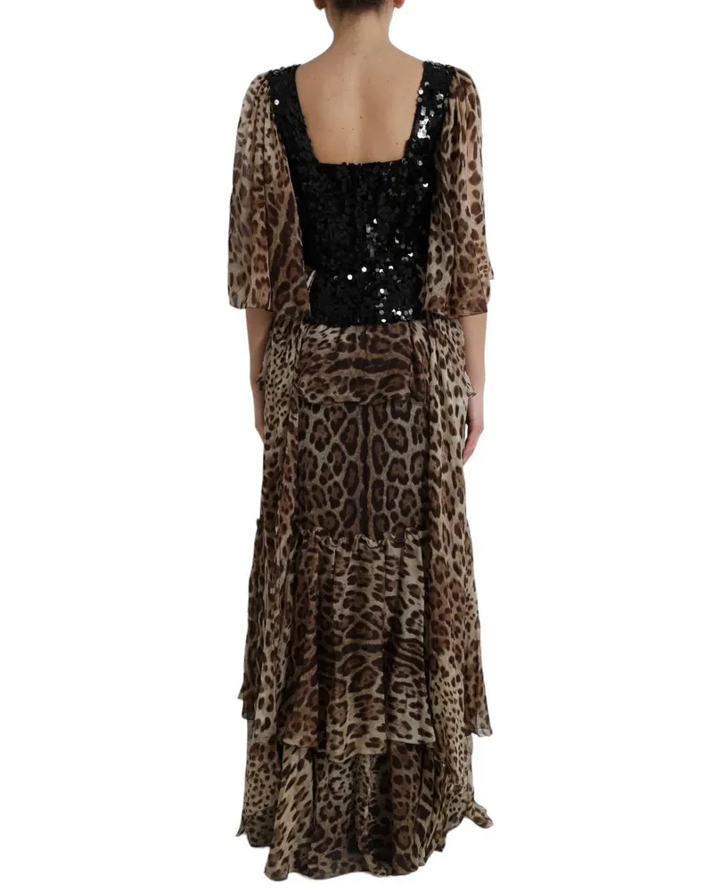 Dolce & Gabbana Leopard Print Silk Sequin Ruffle Maxi Dress — Brown Brown