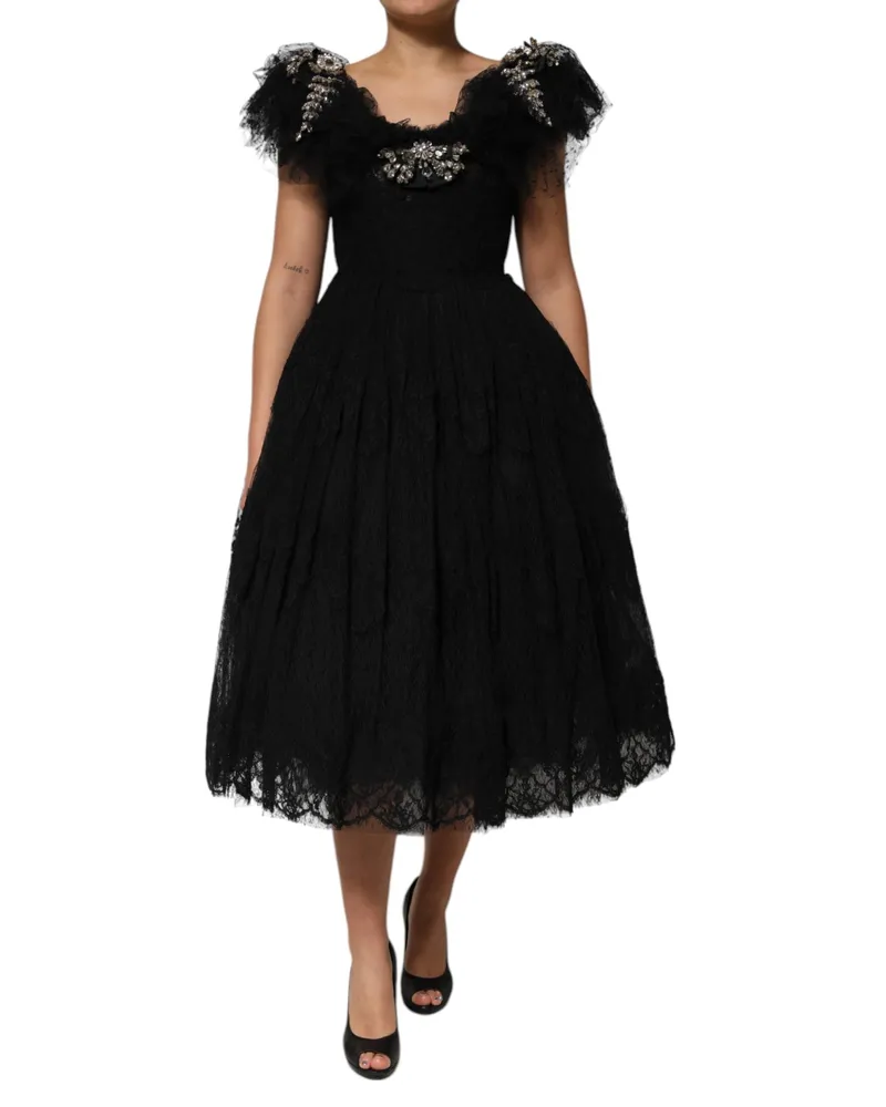 Dolce & Gabbana Women's Black Crystal Embellished Midi A-Line Dress Acetate Black