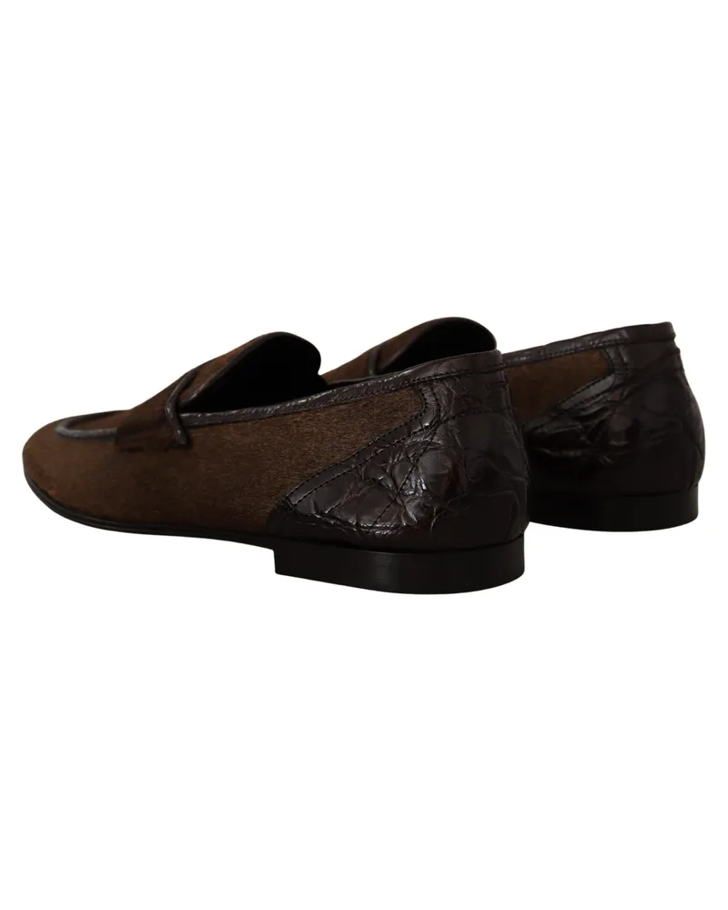 Dolce & Gabbana Men's Shoes Dress Loafers Brown Leather Slip Caiman Brown