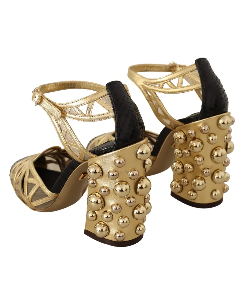 Dolce & Gabbana Women's Black Gold Leather Studded Ankle Straps Shoes Black
