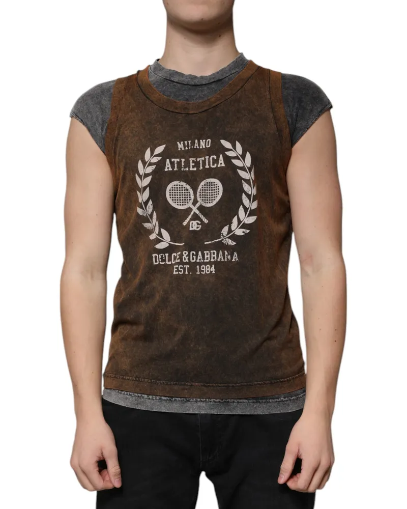Dolce & Gabbana Men's Brown Cotton Crew Neck Sleeveless T-Shirt Brown