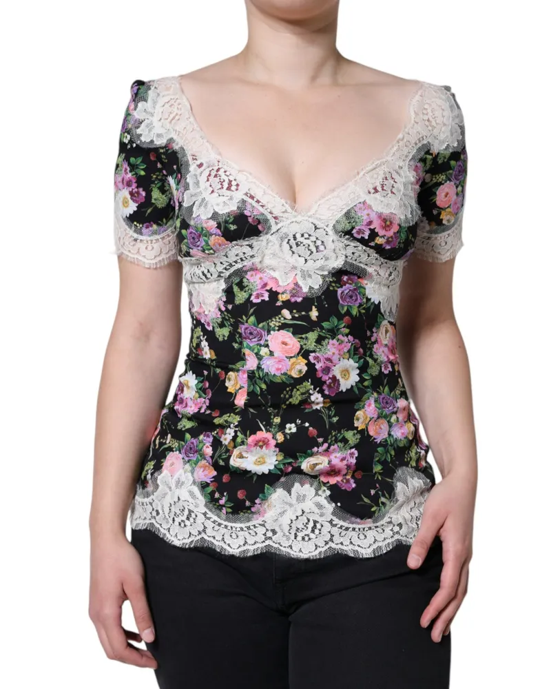 Dolce & Gabbana Women Black Floral Lace Short Sleeves Blouse Top Silk Cotton Nylon Elastane Black