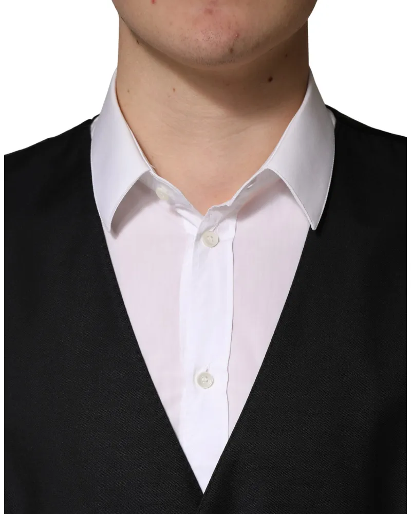 Dolce & Gabbana Black Wool Single Breasted Men Waistcoat Vest Virgin Silk Nylon Flax Clothing Black