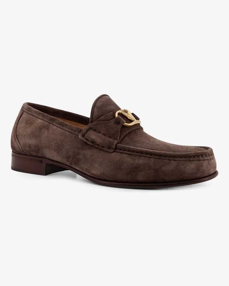 Valentino Garavani Men's Suede Loafers With Metal Vlogo Signature Grey Pelle Brown