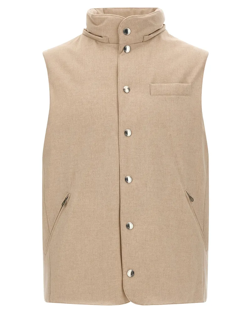 Brunello Cucinelli Wool Flannel Hooded Vest — Beige Beige