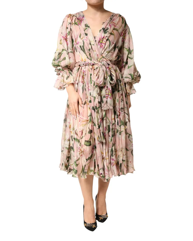 Dolce & Gabbana Women's Pink Lily Print A-Line Pleated Maxi Dress Pink